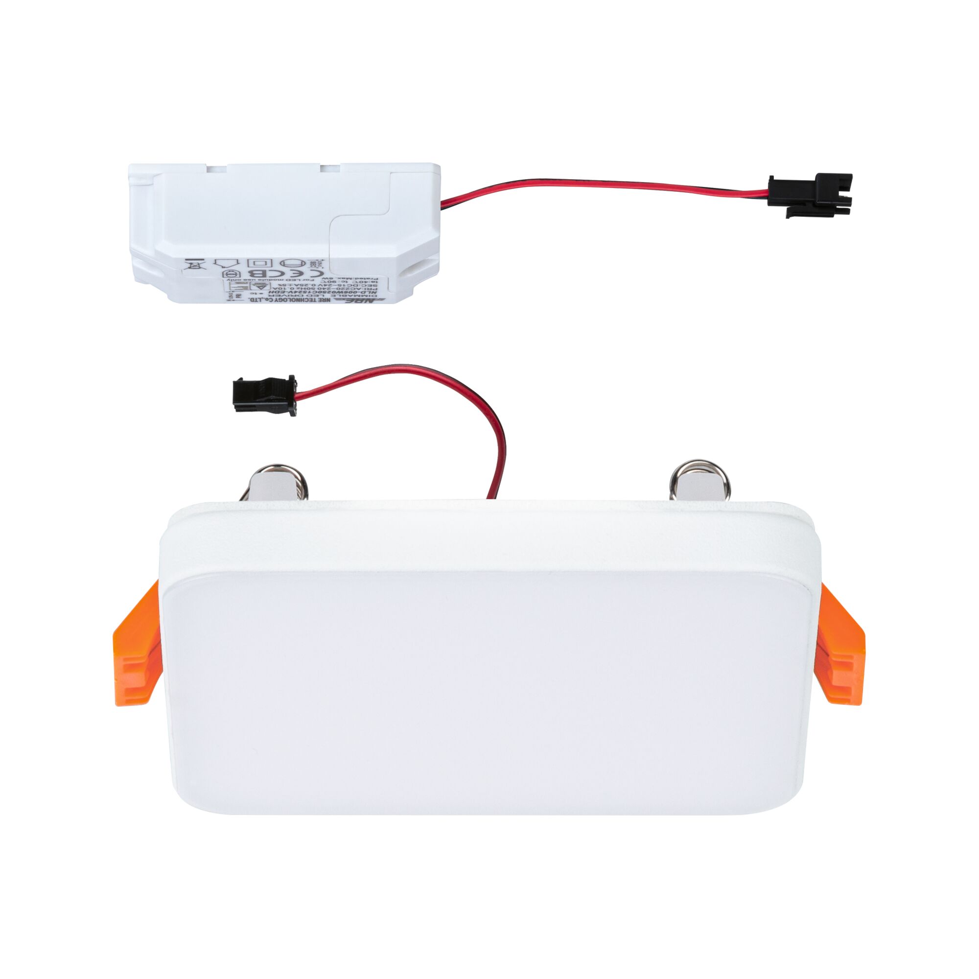 Weißes LED-Einbaupanel mit orangefarbenen Halteklammern und Anschlusskabel für moderne Beleuchtung