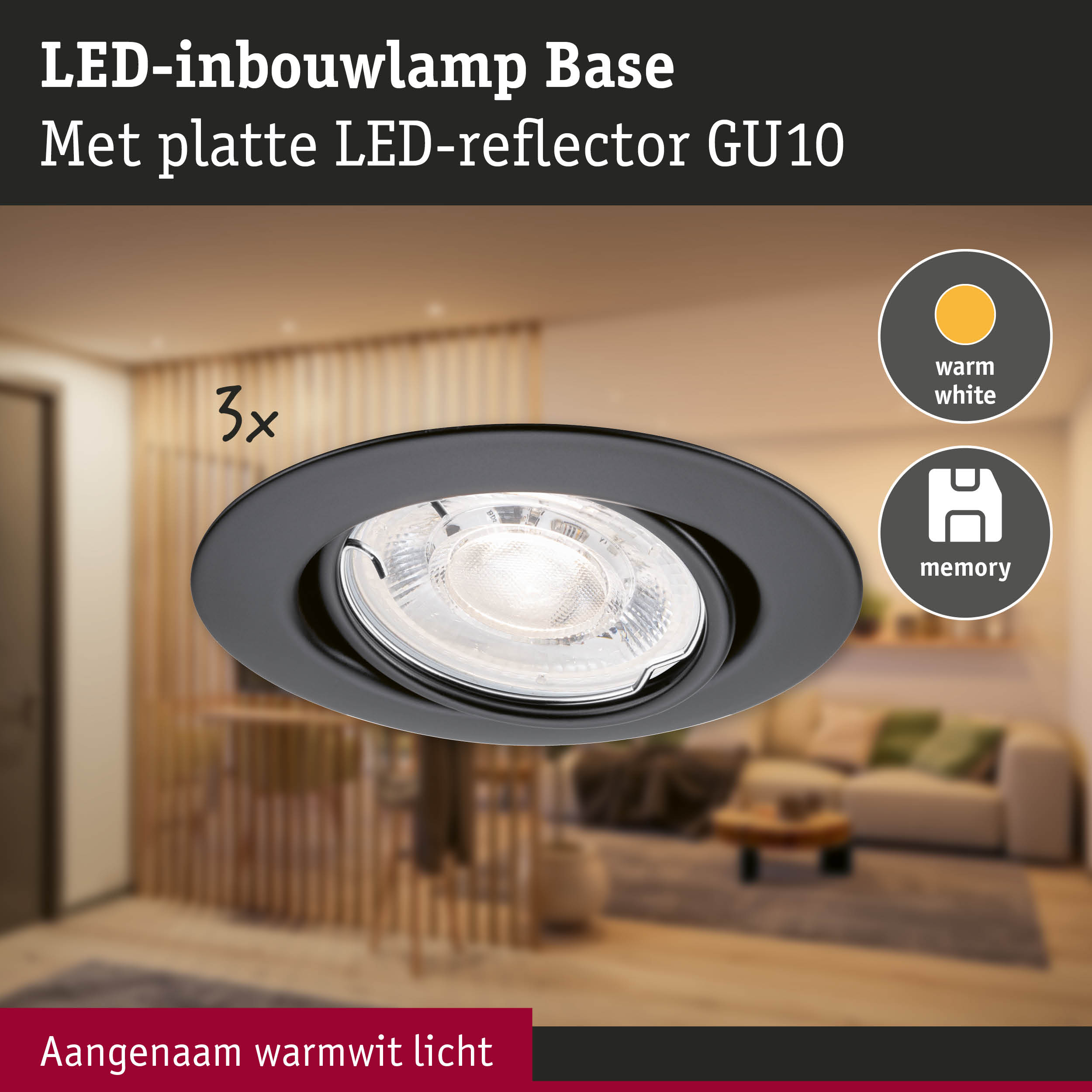 Zwarte LED-inbouwlamp Base met platte LED-reflector GU10 en warm wit licht voor woonruimtes