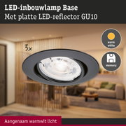 Zwarte LED-inbouwlamp Base met platte LED-reflector GU10 en warm wit licht voor woonruimtes
