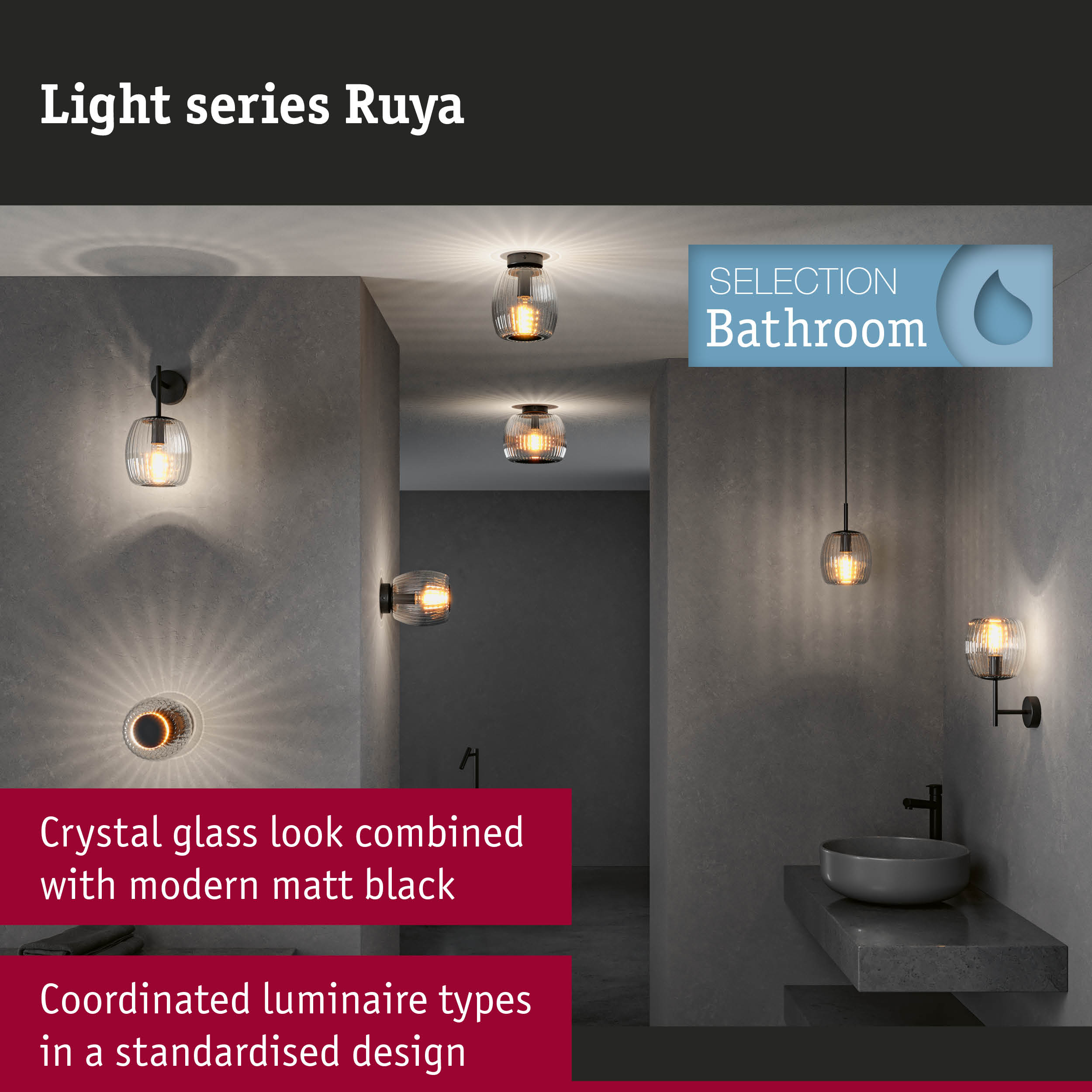 Ruya bathroom lights with crystal glass and matt black finish for modern bathroom lighting