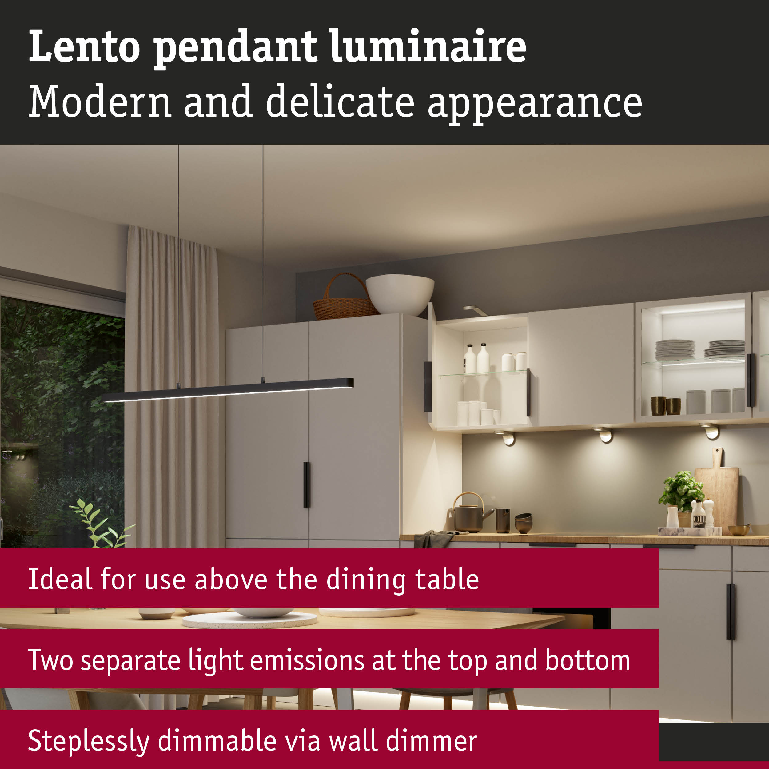 Lento black pendant luminaire with dual light emissions, steplessly dimmable via wall dimmer