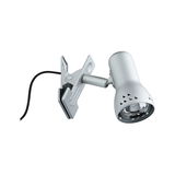 Zilveren metalen clipspot met verstelbare kop en zwarte kabel voor flexibele verlichting