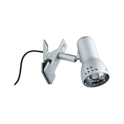 Zilveren metalen clipspot met verstelbare kop en zwarte kabel voor flexibele verlichting