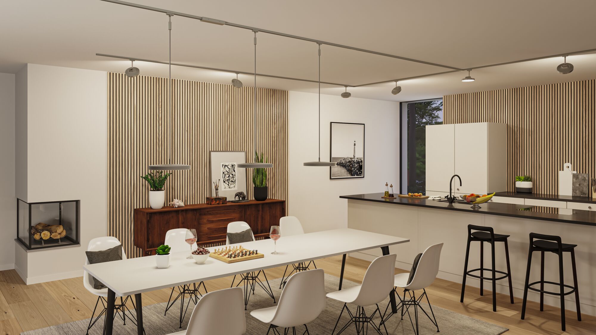 Moderne eetruimte met witte tafel, stoelen en houten wandbekleding, verlicht door minimalistische plafondlampen