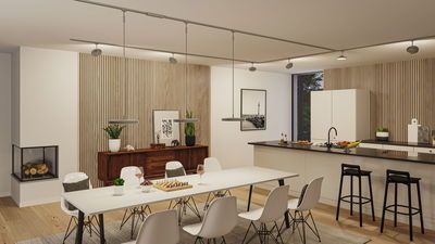 Salle à manger moderne avec table blanche, chaises, panneaux en bois, éclairée par des luminaires suspendus minimalistes