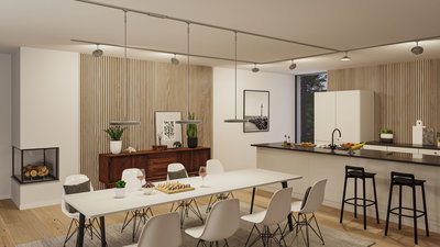Salle à manger moderne avec table blanche, chaises, panneaux en bois, éclairée par des luminaires suspendus minimalistes