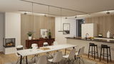 Salle à manger moderne avec table blanche, chaises, panneaux en bois, éclairée par des luminaires suspendus minimalistes