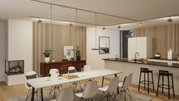 Modern dining area with white table, chairs, wood paneling, illuminated by minimalist ceiling lights