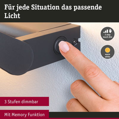 Schwarzer LED-Wandleuchte mit Touch-Dimmer und Memory-Funktion für warmweißes Licht in drei Stufen