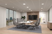 Modernes Konferenzzimmer mit grauen Stoffstühlen, weißem Tisch und LED-Deckenleuchten für Bürobeleuchtung