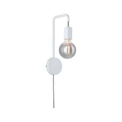 White metal wall lamp with visible bulb and grey fabric cable for modern lighting design