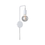 White metal wall lamp with visible bulb and grey fabric cable for modern lighting design