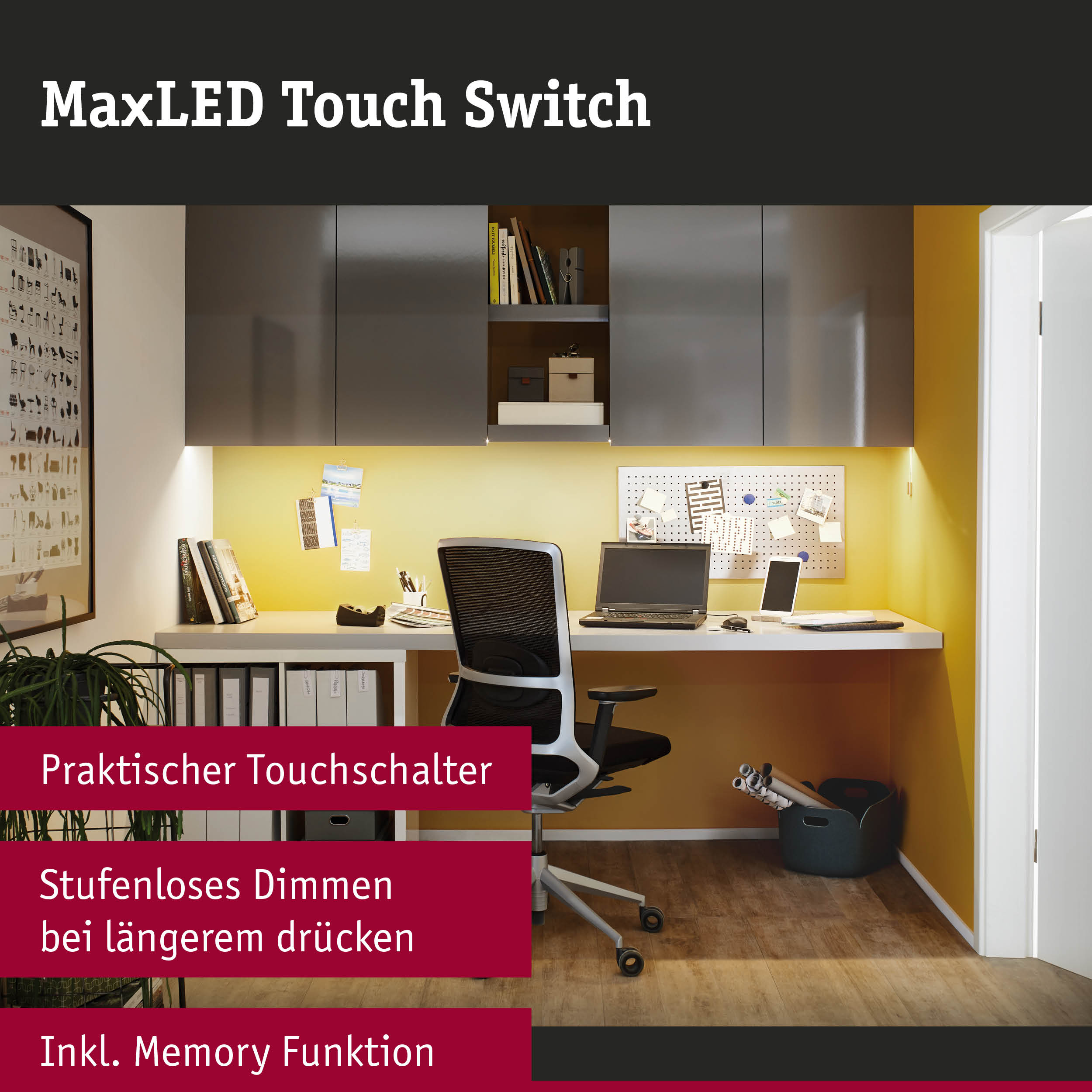 Modernes Home-Office mit grauen Hängeschränken und gelber Wandbeleuchtung für Arbeitszimmer.
