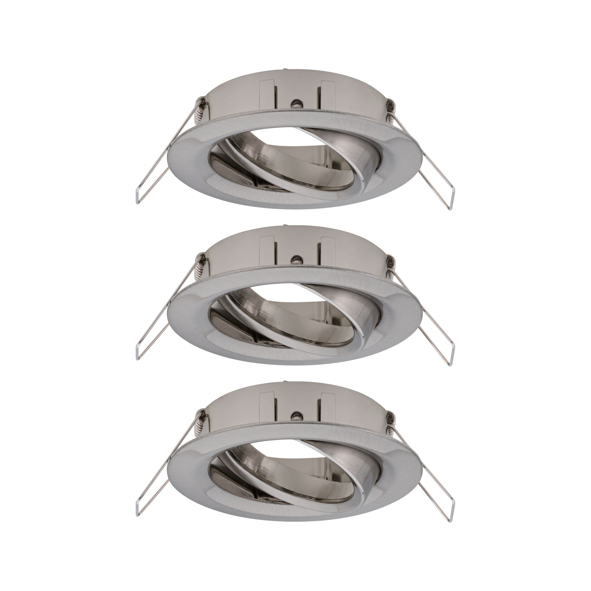 Three round recessed spotlights in brushed stainless steel with adjustable inner ring for accent lighting