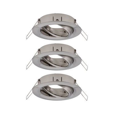 Three round recessed spotlights in brushed stainless steel with adjustable inner ring for accent lighting