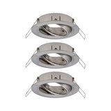 Three round recessed spotlights in brushed stainless steel with adjustable inner ring for accent lighting