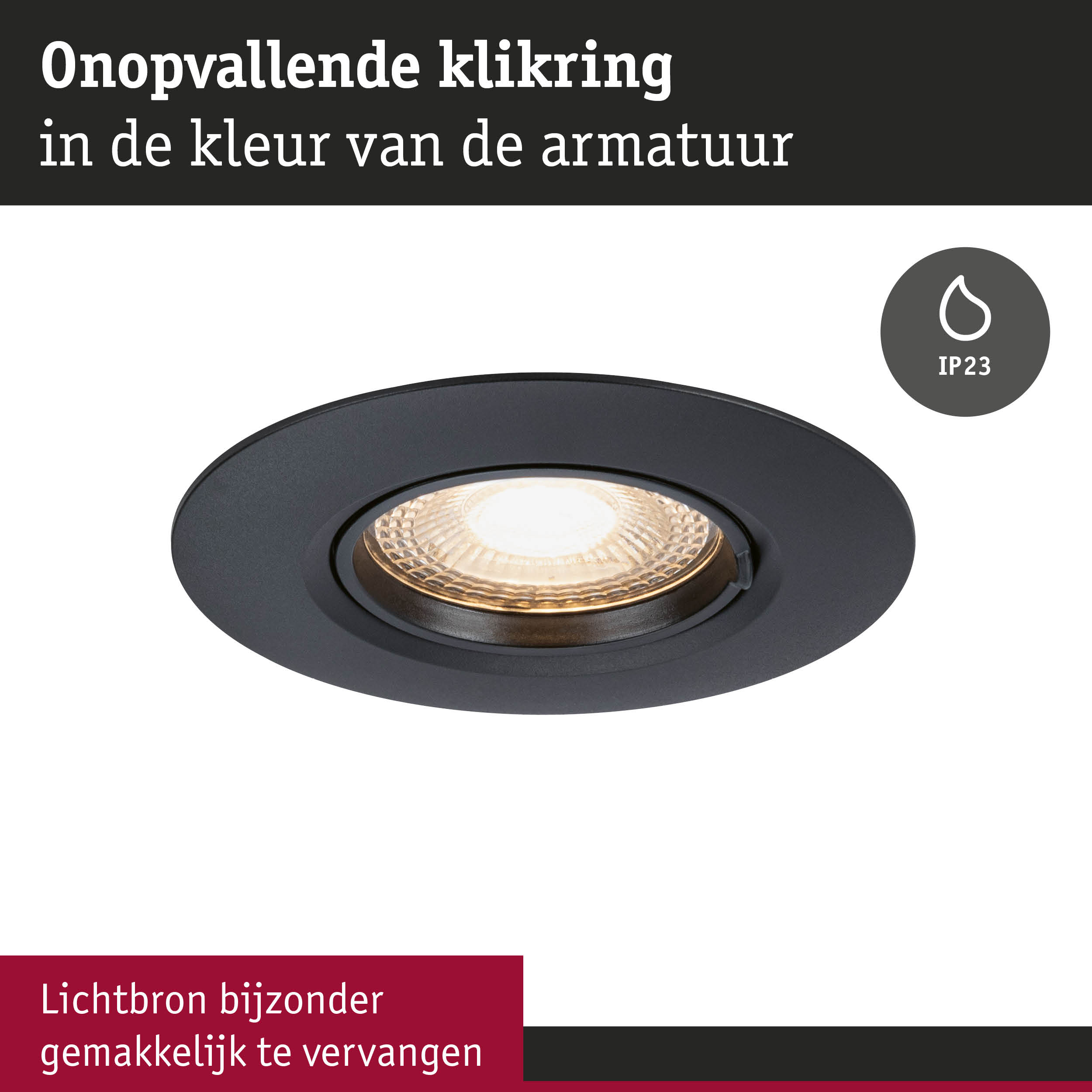 Zwarte metalen inbouwspot met warm wit LED-licht en IP23 beschermingsklasse