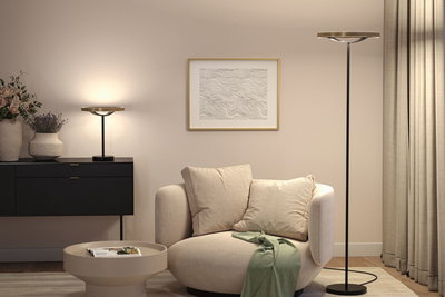 Schwarze Steh- und Tischlampe aus Metall mit goldfarbenem Lampenschirm in modernem Wohnzimmer.