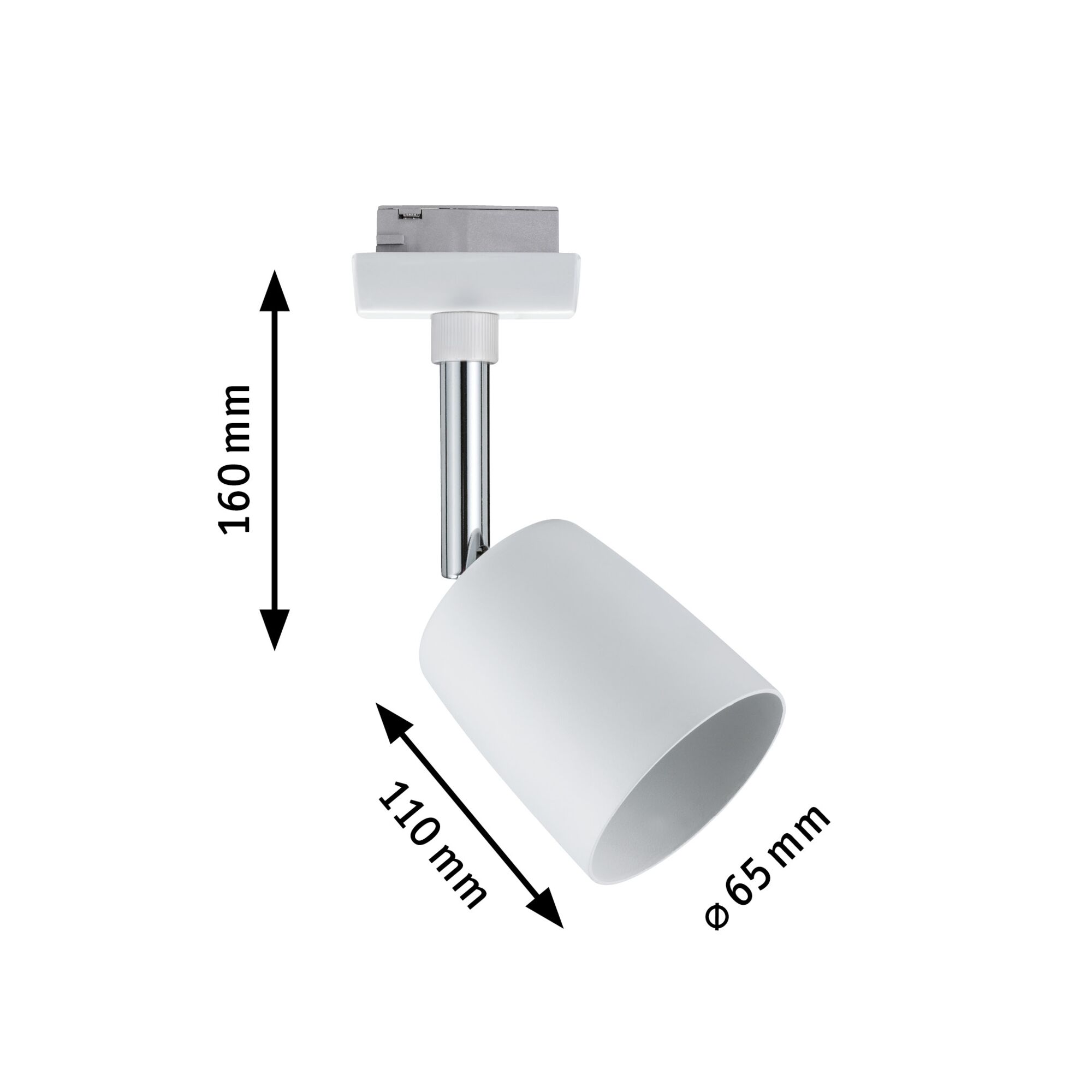 Witte metalen LED-spot van 160 mm hoog en 65 mm diameter voor railsystemen