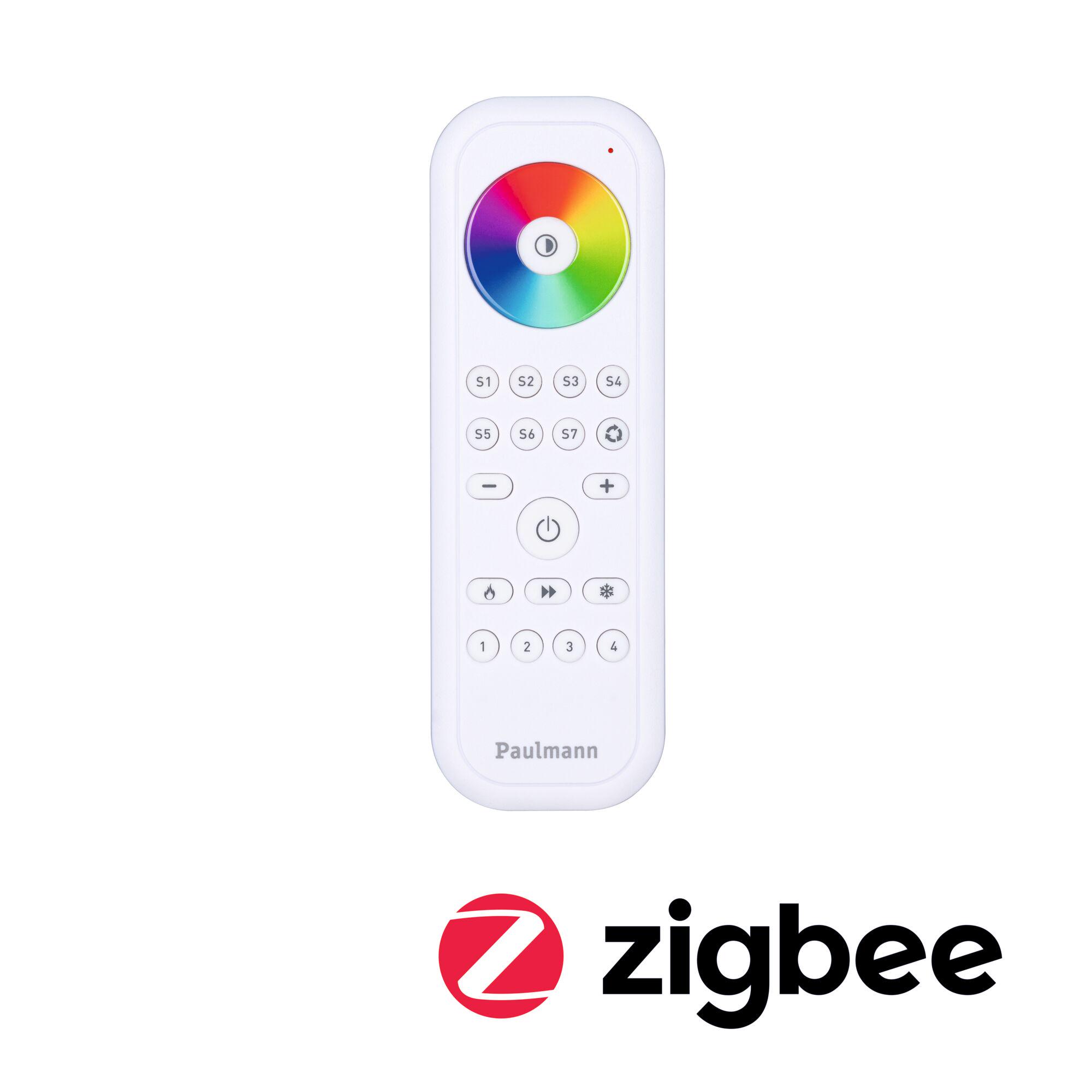 White Paulmann remote control with color wheel and multiple buttons for Zigbee lighting control.