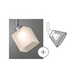 Moderner Deckenstrahler mit quadratischem, milchigem Glas und silbernem Metallfuß für Wohnräume.