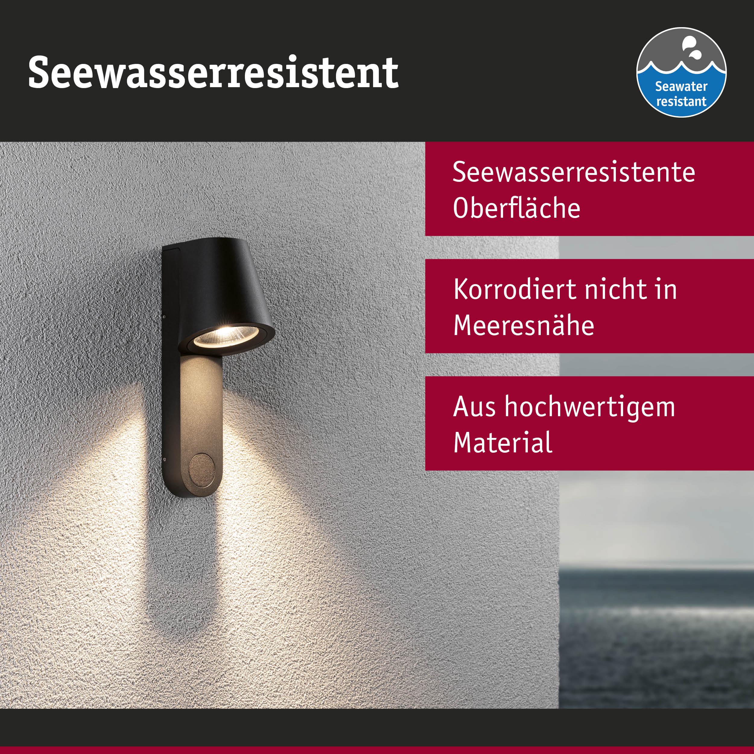 Schwarze Außenwandleuchte mit seewasserresistenter Oberfläche aus hochwertigem Material, korrosionsfrei am Meer