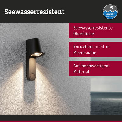 Schwarze Außenwandleuchte mit seewasserresistenter Oberfläche aus hochwertigem Material, korrosionsfrei am Meer