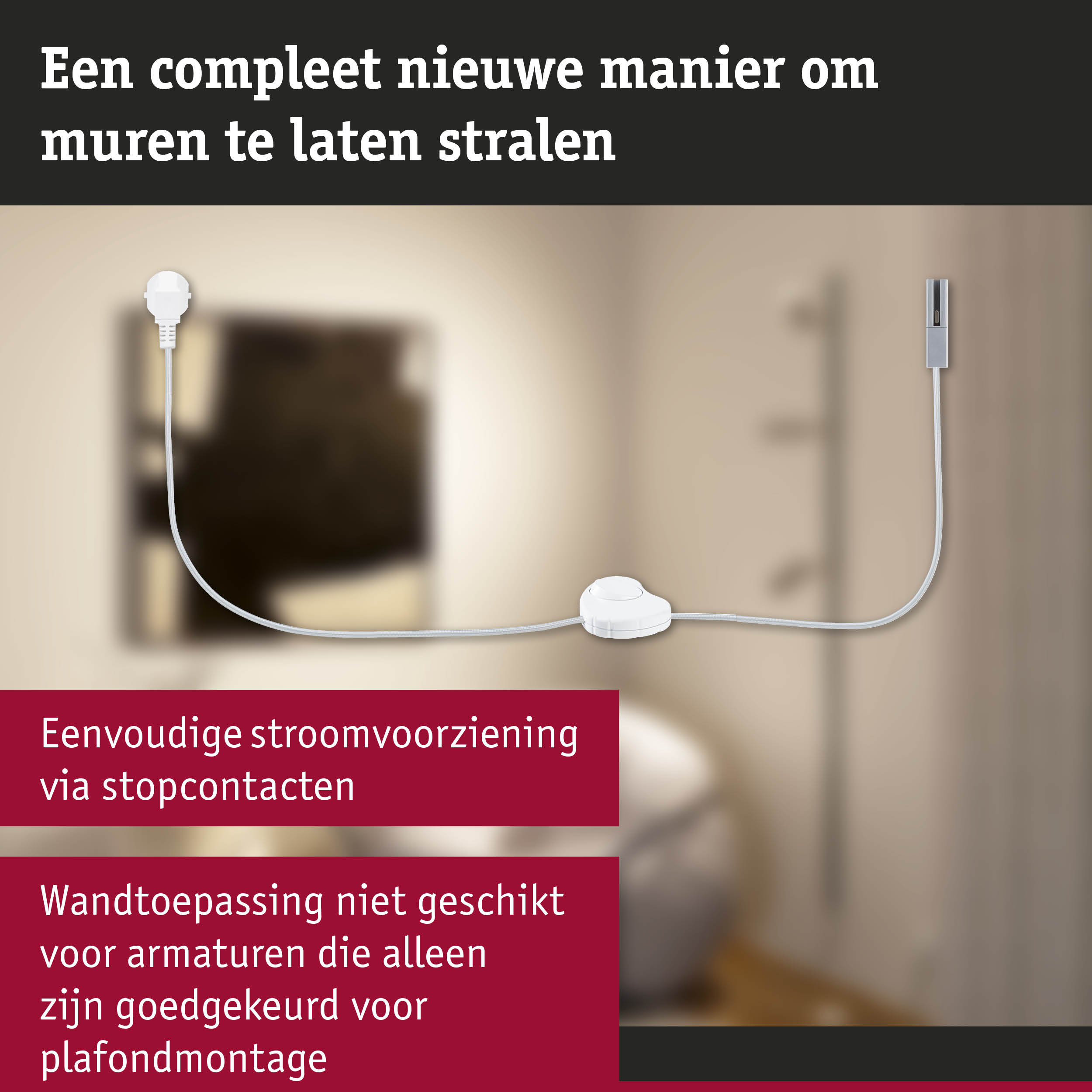 Wit stroomkabel met schakelaar en stekker voor eenvoudige wandverlichtingsoplossing
