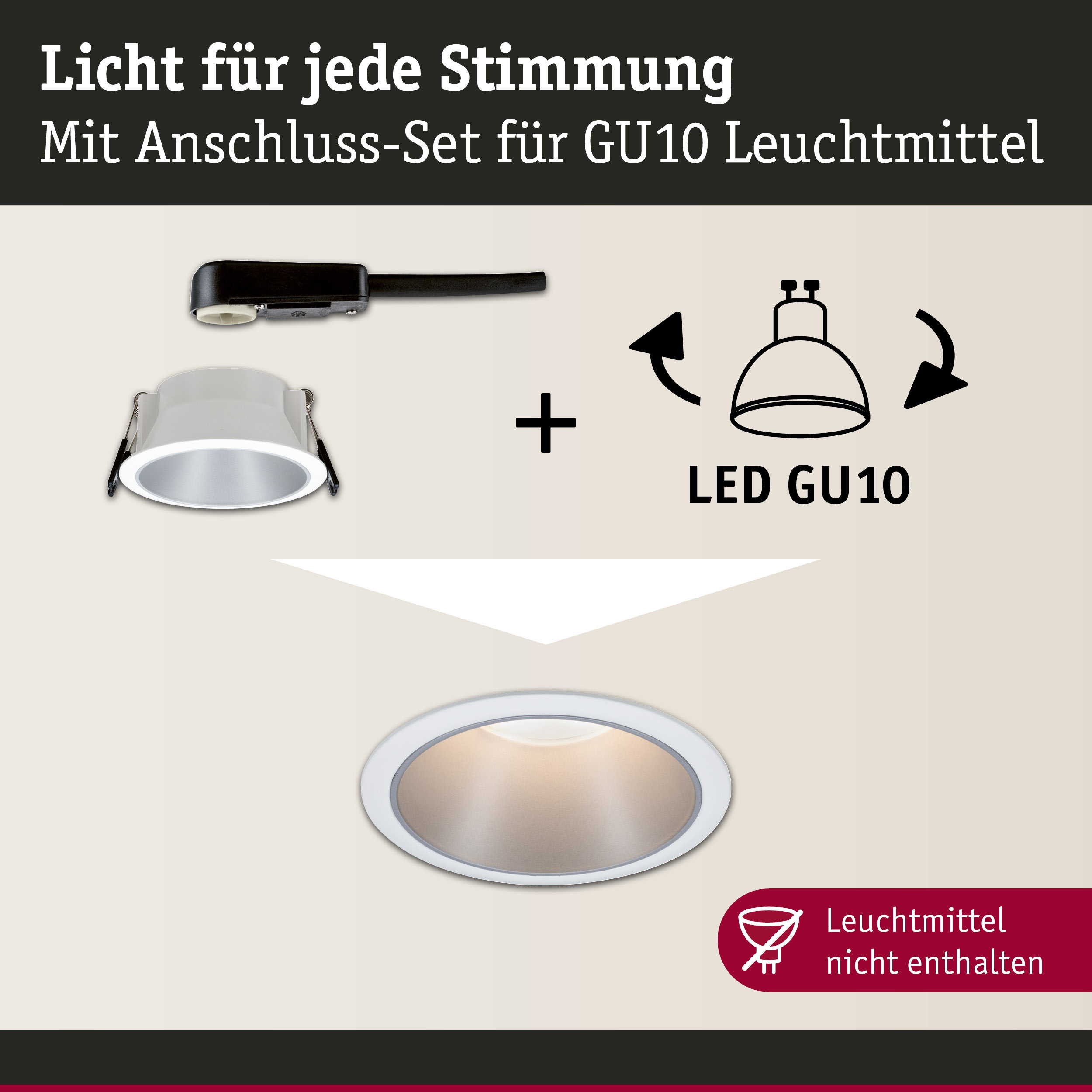Weißer Einbaustrahler mit Anschluss-Set für GU10 Leuchtmittel, LED kompatibel, moderne Deckenbeleuchtung