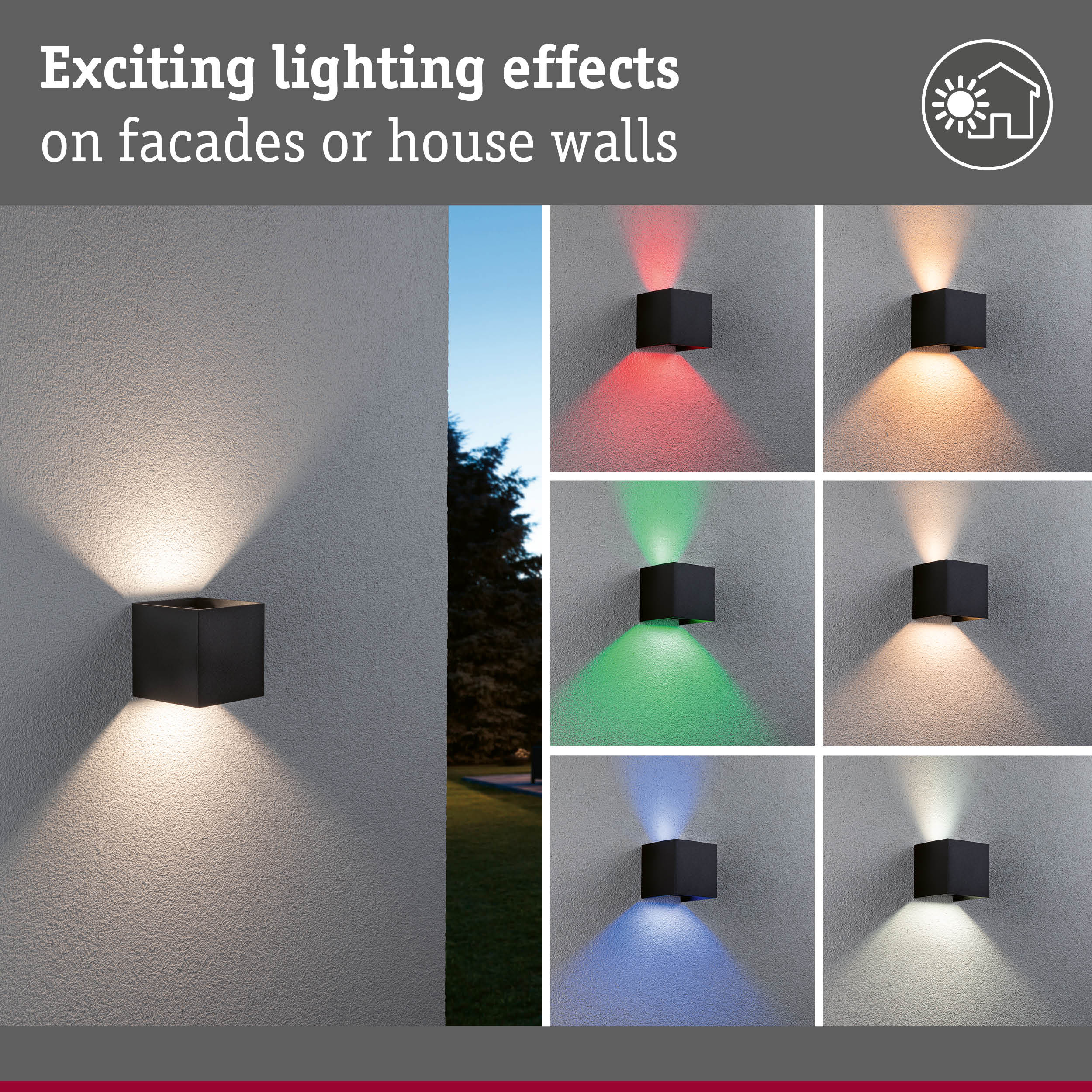 Black wall light with colorful lighting effects for facade and house wall illumination