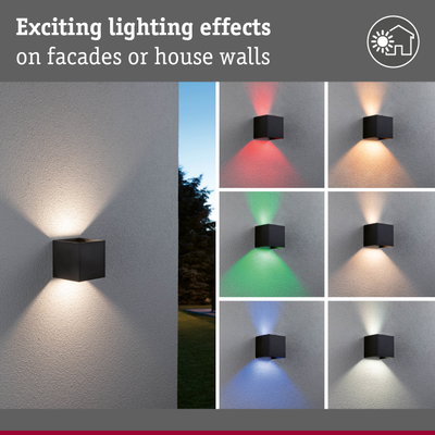 Black wall light with colorful lighting effects for facade and house wall illumination