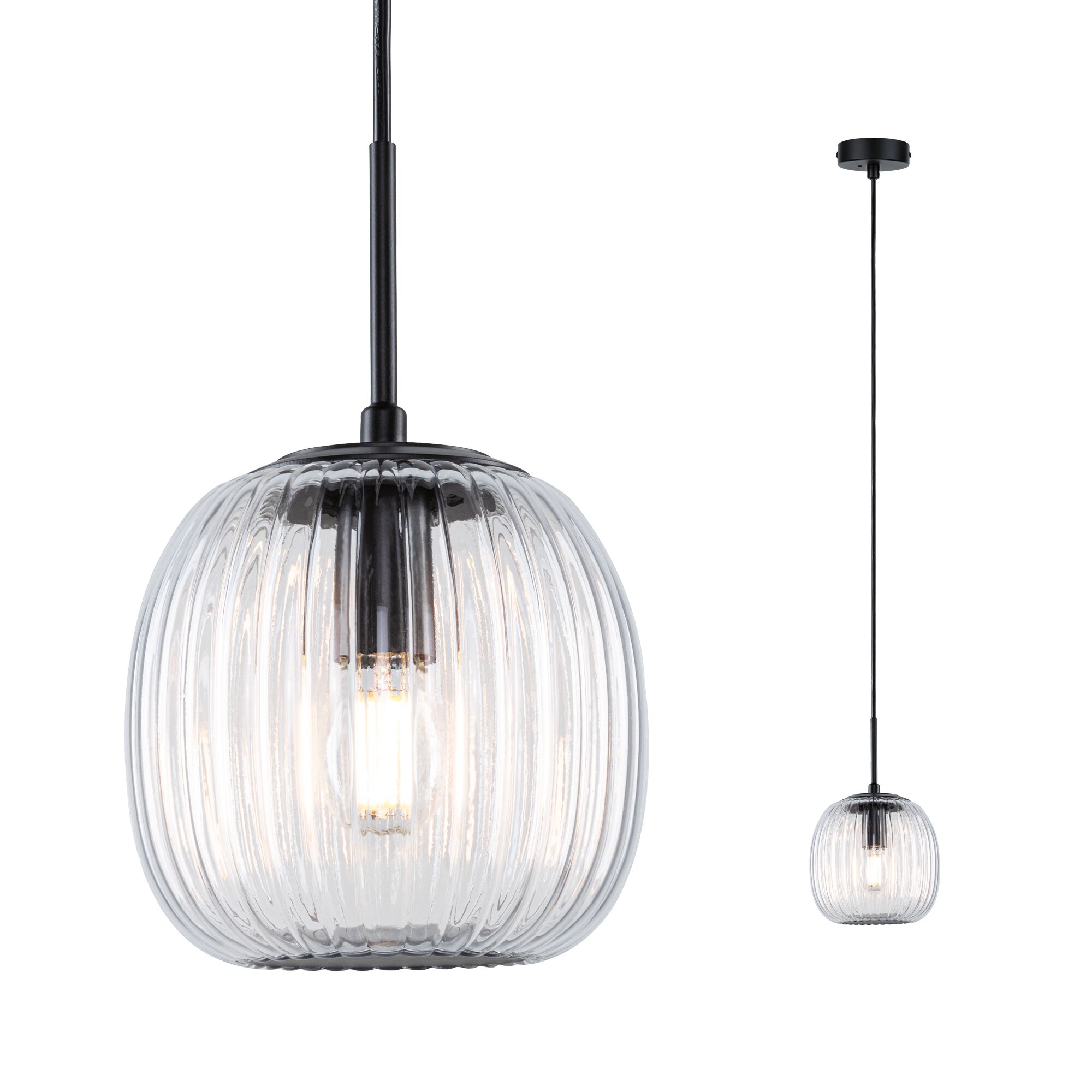 Luminaire en suspension LED Ruya E14 max. 20W Verre/Noir mat Suspension moderne en verre transparent cannelé et métal noir, luminaire d'intérieur élégant