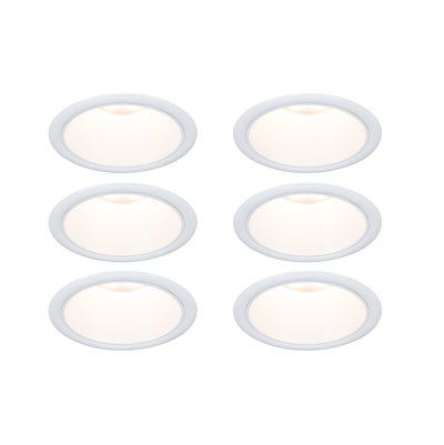 Set of six white LED recessed lights with frosted diffuser for energy-efficient room lighting