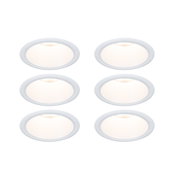 Set of six white LED recessed downlights with warm light for modern ceiling lighting