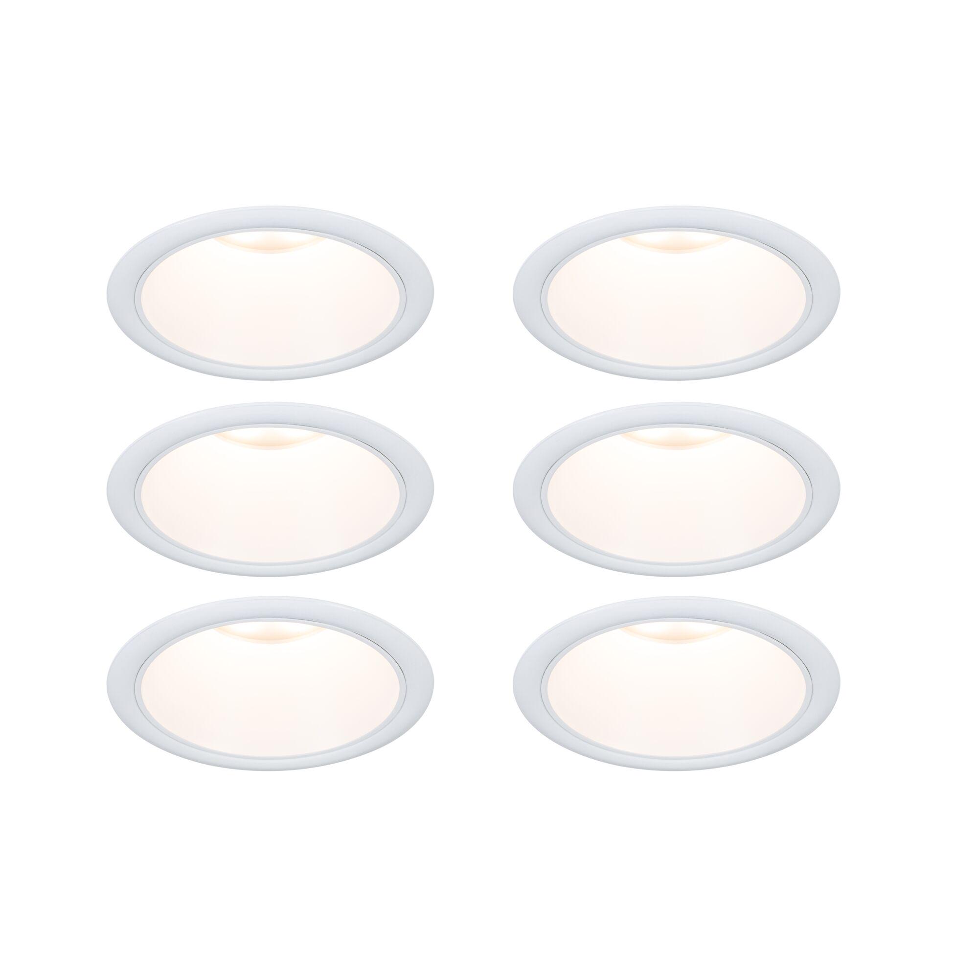 Set of six white LED recessed downlights with warm light for modern ceiling lighting