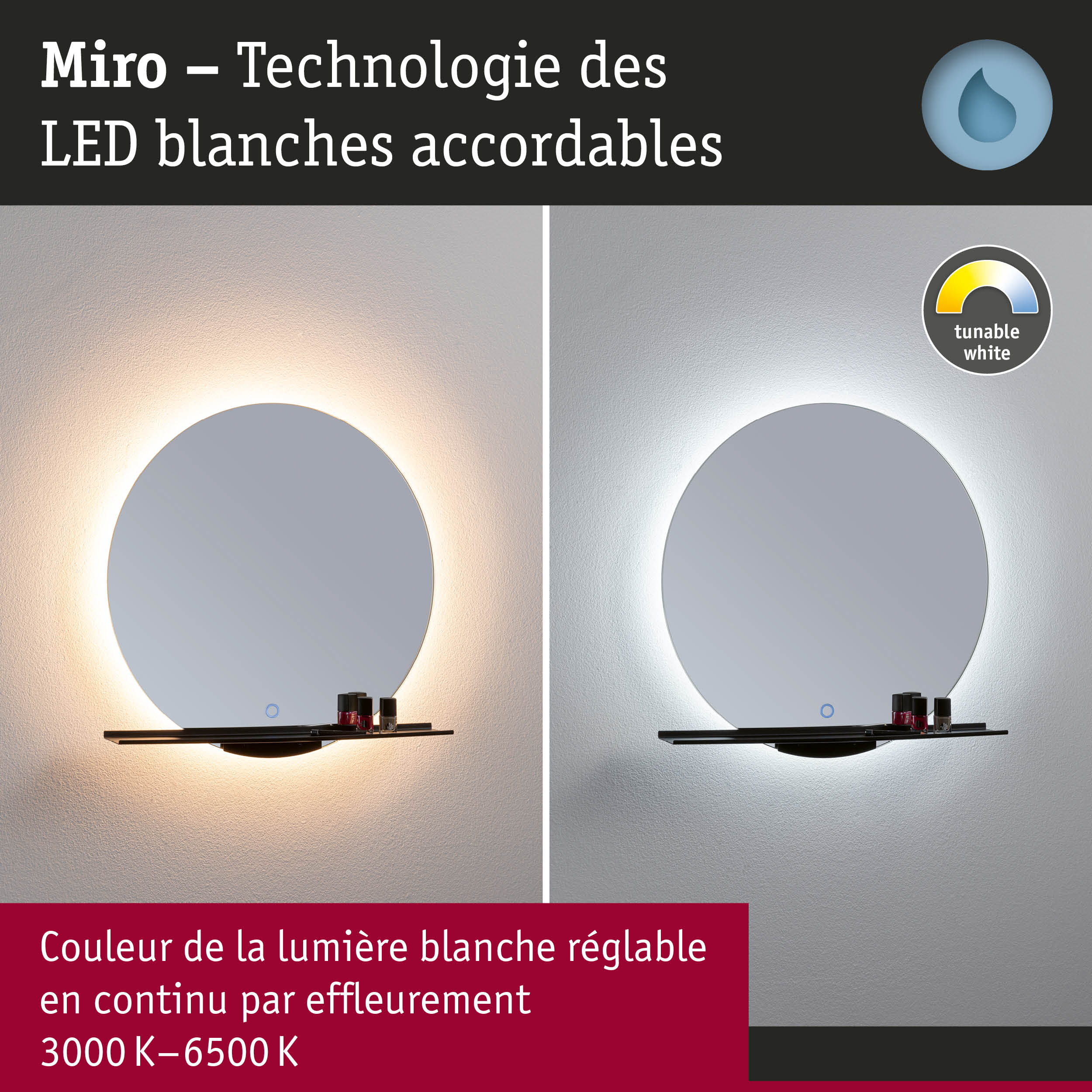 Miroir rond avec éclairage LED blanc réglable de 3000K à 6500K pour salle de bain et salon
