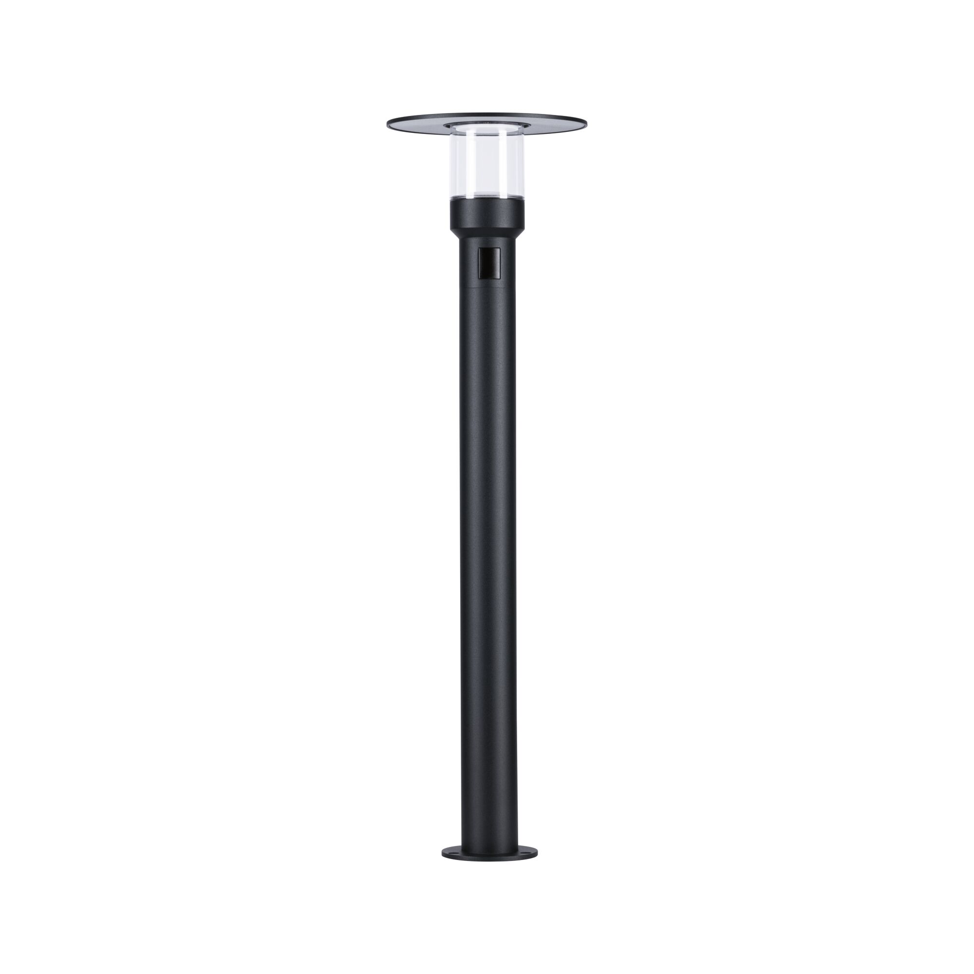 Black outdoor metal lamp with clear glass and flat shade for garden lighting