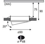Technische tekening van een ronde inbouwspot met 90 mm diameter en 20 graden kanteling.