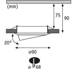 Technical drawing of a round recessed spotlight with 90 mm diameter and 20-degree tilt.