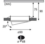 Technische Zeichnung eines runden Einbaustrahler mit 90 mm Durchmesser und 20 Grad Neigung.