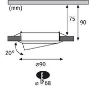 Technical drawing of a round recessed spotlight with 90 mm diameter and 20-degree tilt.