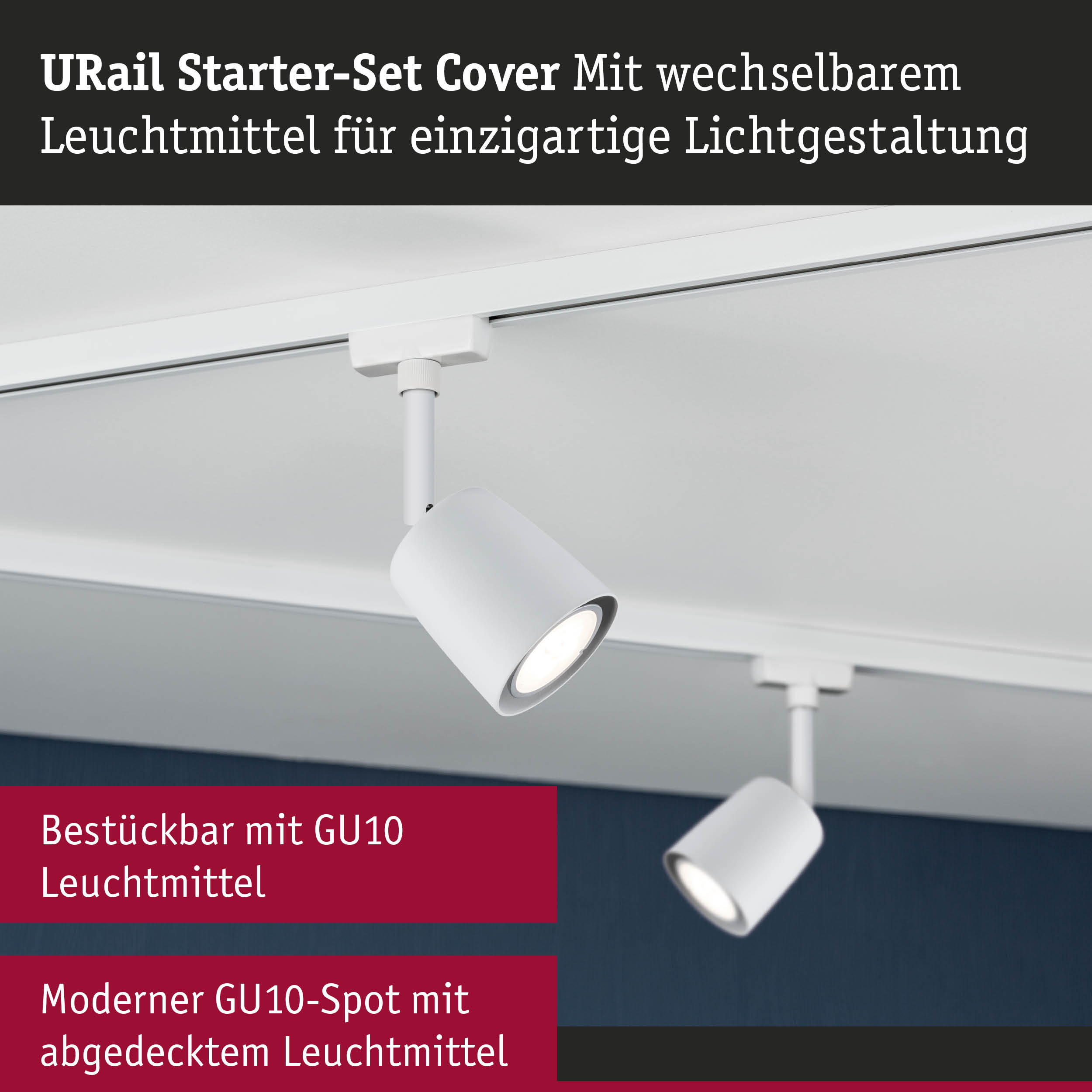 Weißer URail Starter-Set Cover mit wechselbarem Leuchtmittel für moderne GU10-Spotbeleuchtung