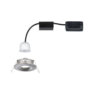 Rundes Einbau-LED-Spotgehäuse aus gebürstetem Aluminium mit weißem LED-Modul und schwarzem Kabel