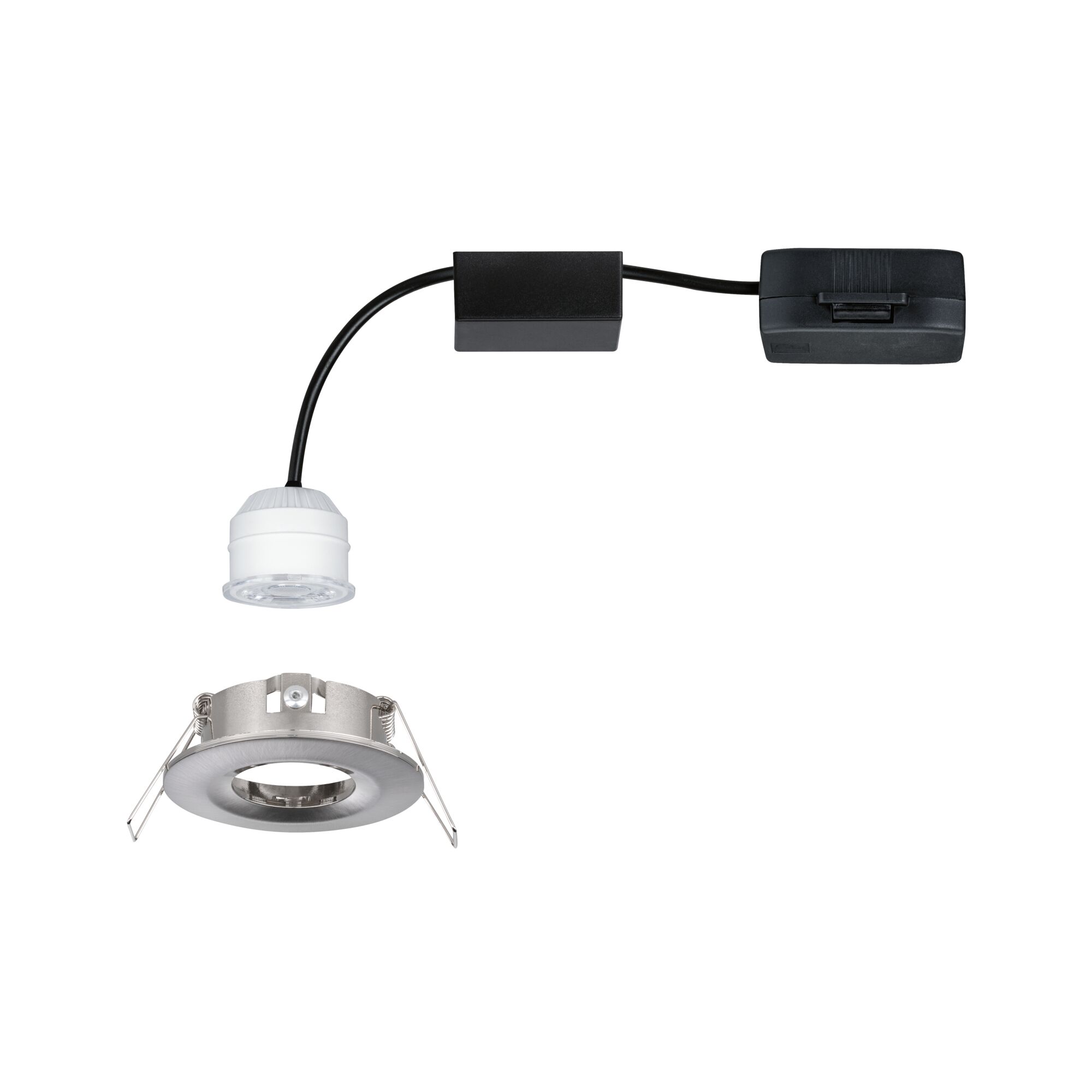 Rundes Einbau-LED-Spotgehäuse aus gebürstetem Aluminium mit weißem LED-Modul und schwarzem Kabel