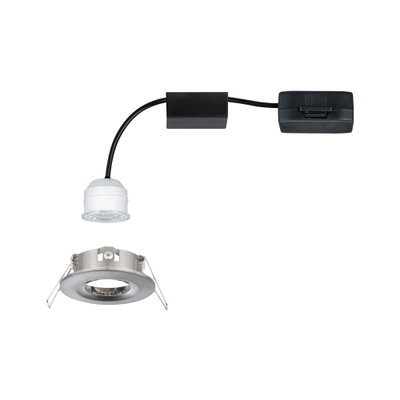 Round recessed LED spotlight housing in brushed aluminum with white LED module and black cable