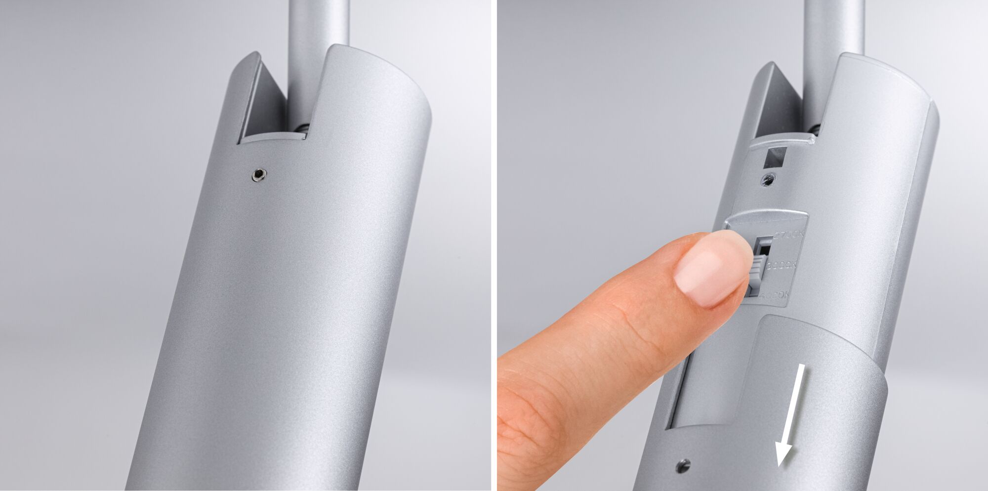 Zilverkleurige aluminium behuizing met schuifschakelaar, close-up van vinger die bedient, LED-lichtbediening