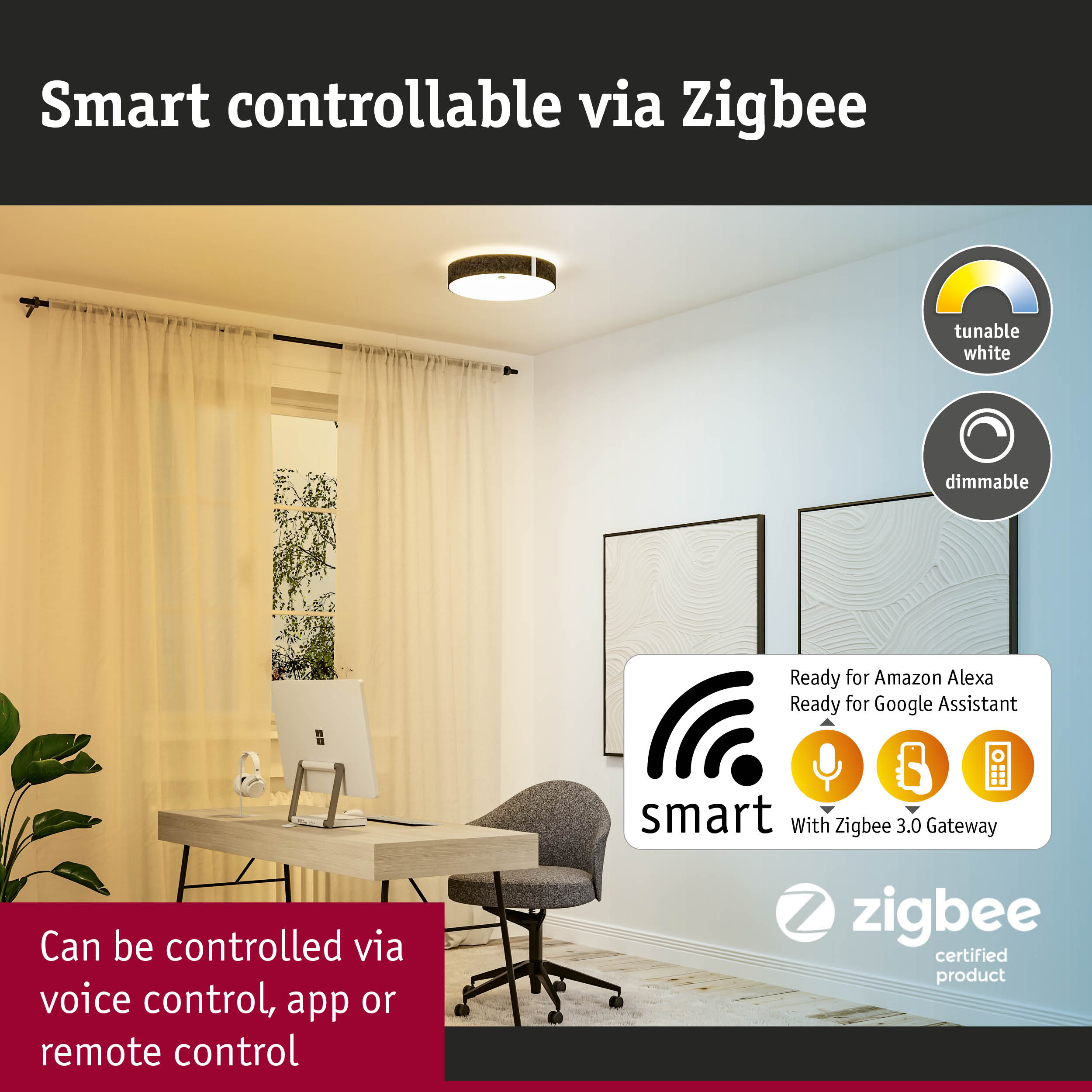 Smart controllable ceiling light with Zigbee, dimmable and tunable white, ideal for modern home office.