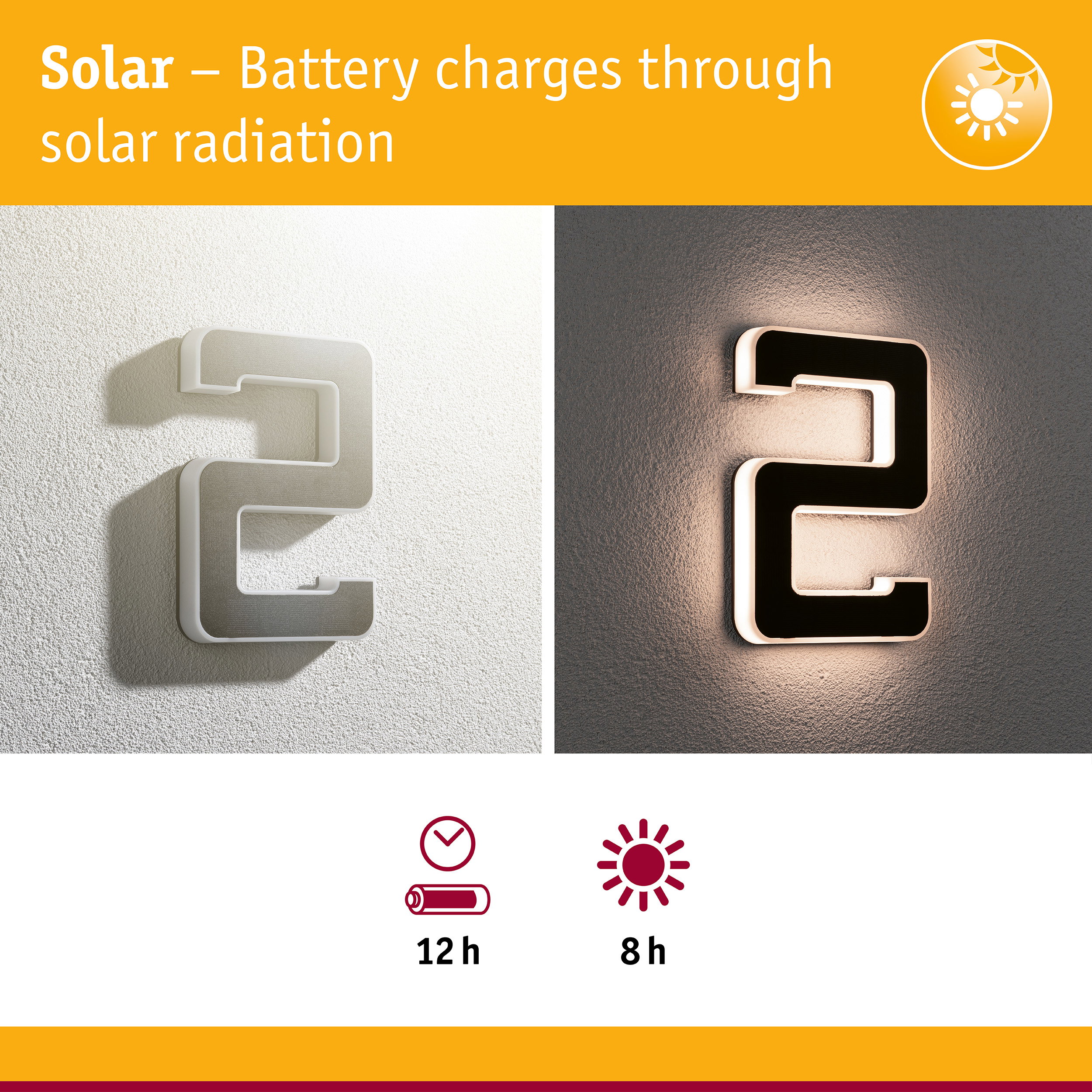 Solar-powered house number 2 in white and black with LED lighting for energy-efficient outdoor illumination