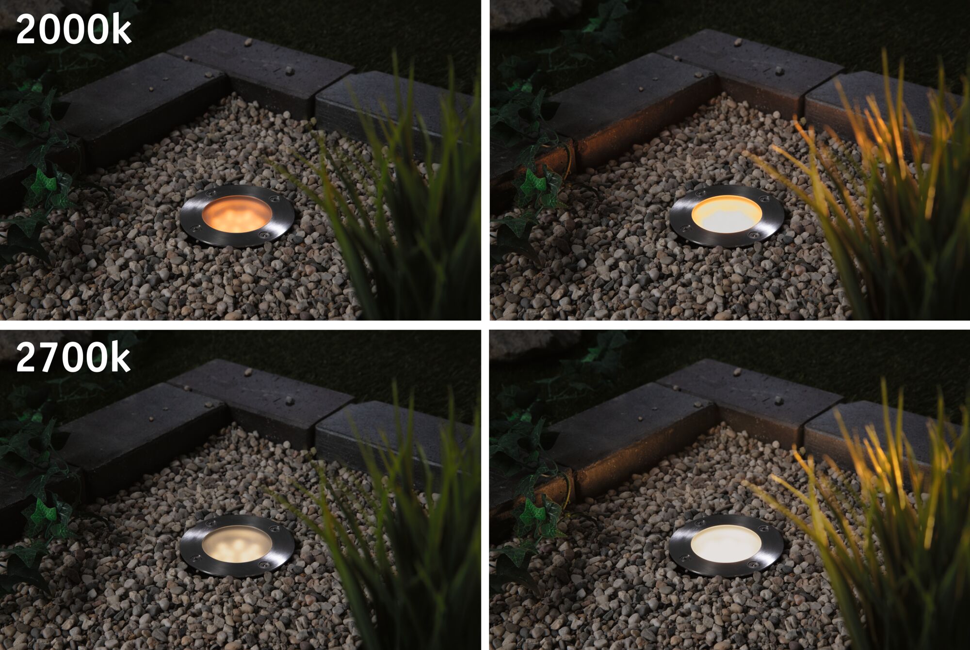 Vier roestvrijstalen inbouwgrondlampen met warme lichtkleuren 2000K en 2700K in grindbed.