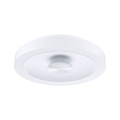 Round white ceiling light with concentric grooves and central silver element made of plastic